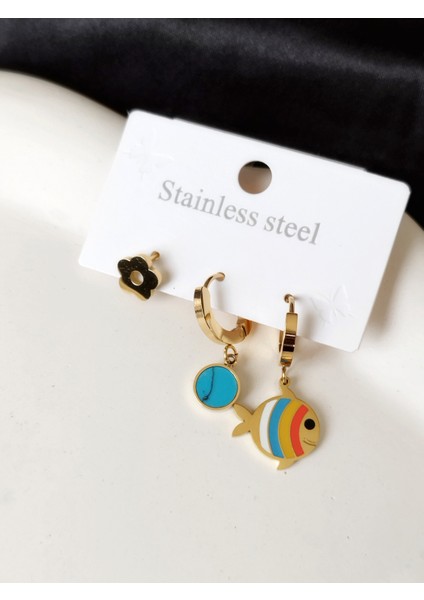 Ladybirdbujiteri 3'lü Balık Figürlü Çelik Küpe Seti