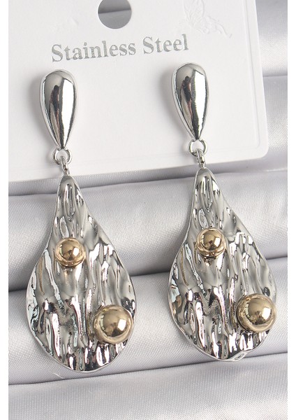 Pirinç Gümüş Renk Sallantı Damla Model Gold Topçuk Detay Kadın Küpe