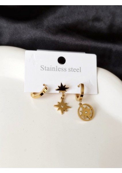 Ladybirdbujiteri 3'lü Kuzey Yıldızı Model Çelik Küpe Seti