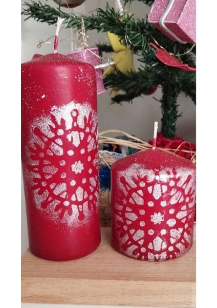 2'li Kırmızı Noel Temalı Kokusuz Silindir Mum