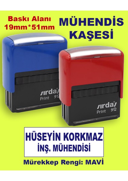 Mühendis Kaşesi, 912 (51mm*19mm) Mavi Keçeli Otomatik Kaşe