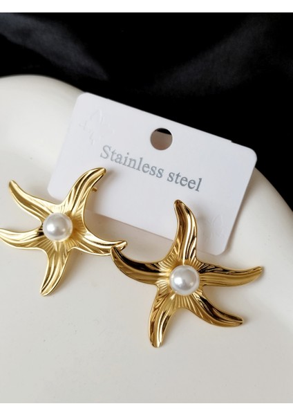 Ladybirdbujiteri Incili Deniz Yıldızı Model Çelik Küpe