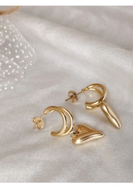 Ladybirdbujiteri Çift Halka Kalp Detay Sallantılı Çelik Küpe modelleri