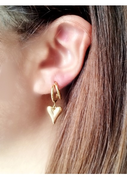 Ladybirdbujiteri Çift Halka Kalp Detay Sallantılı Çelik Küpe fırsatları