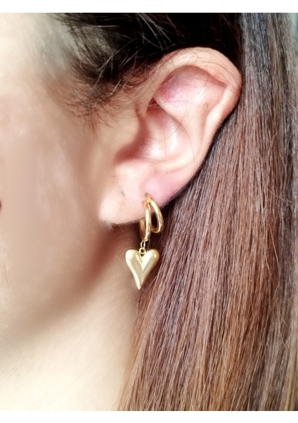 Ladybirdbujiteri Çift Halka Kalp Detay Sallantılı Çelik Küpe indirimleri