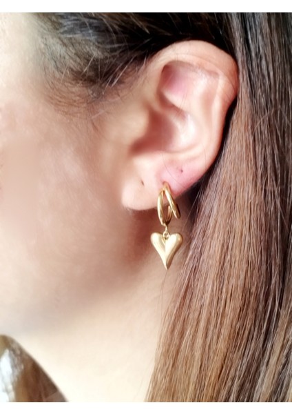 Ladybirdbujiteri Çift Halka Kalp Detay Sallantılı Çelik Küpe