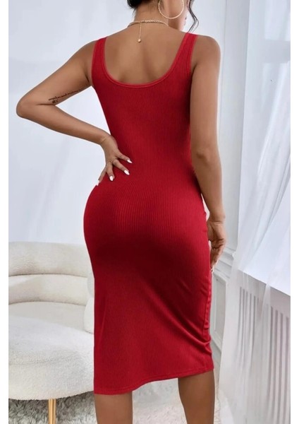 Kadın Kırmızı Askılı Kare Yaka Yırtmaçlı Kaşkorse Günlük Esnek Likralı Şık Trend Pinterest Midi Elbise modelleri