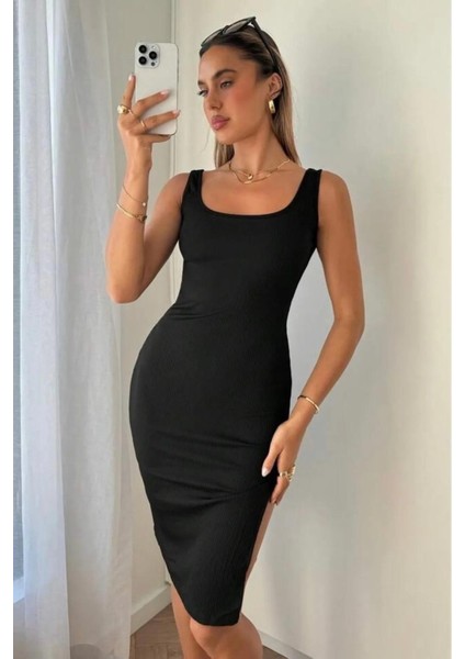 Kadın Siyah Askılı Kare Yaka Yırtmaçlı Kaşkorse Günlük Esnek Likralı Şık Trend Pinterest Midi Elbise modelleri