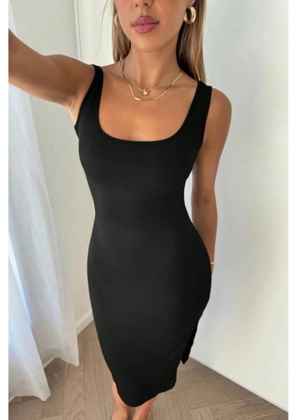 Kadın Siyah Askılı Kare Yaka Yırtmaçlı Kaşkorse Günlük Esnek Likralı Şık Trend Pinterest Midi Elbise fırsatları