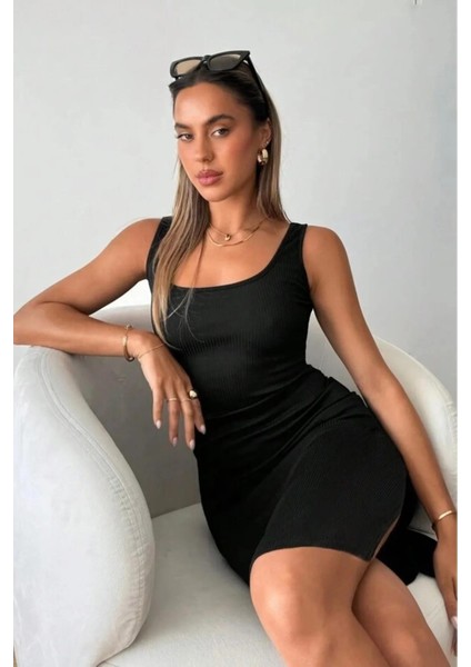 Kadın Siyah Askılı Kare Yaka Yırtmaçlı Kaşkorse Günlük Esnek Likralı Şık Trend Pinterest Midi Elbise indirimleri