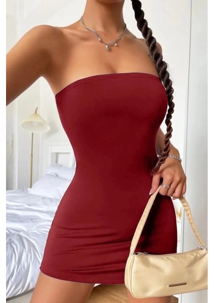 Kadın Bordo Straplez Dalgıç Kumaş Vücudu Saran Likralı Gece Parti Davet Kolsuz Trend Şık Basic Mini Elbise