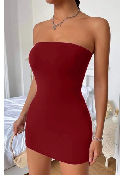 Kadın Bordo Straplez Dalgıç Kumaş Vücudu Saran Likralı Gece Parti Davet Kolsuz Trend Şık Basic Mini Elbise fiyatları