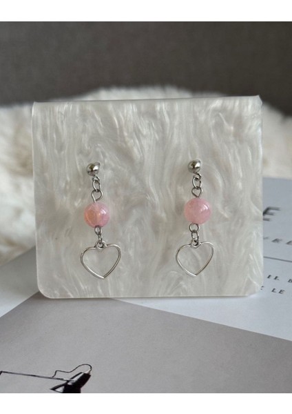 Fairycore Pembe Akik Taşlı Kalpli Rodyum Kaplama Küpe