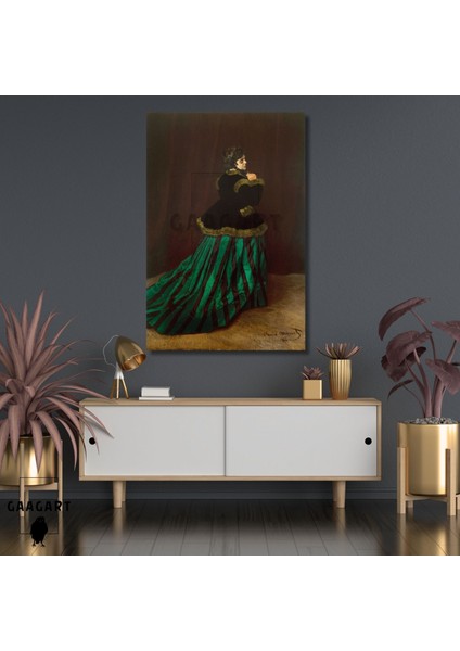 Tekli Dikey Kanvas Tablo Ünlü Eserler Claude Monet Yeşil Elbiseli Kadın