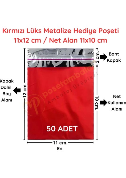11X12 cm Kırmızı Renk Bantlı Lüks Metalize Hediyelik Poşet (50 Adet)