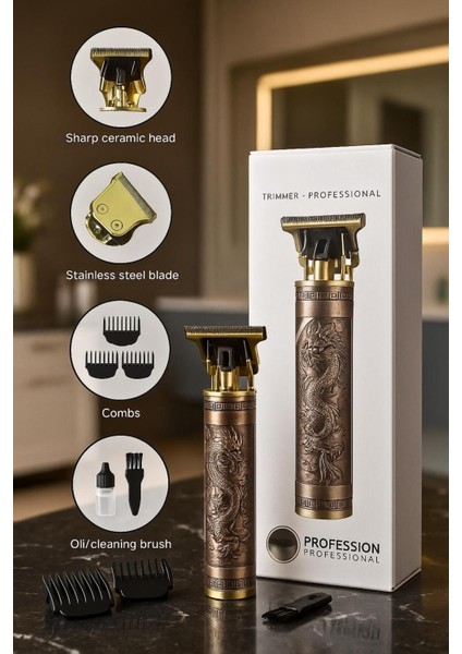 Metal Gövdeli Kablosuz Şarjlı Tıraş Makinesi Dragon Desenli Tasarım