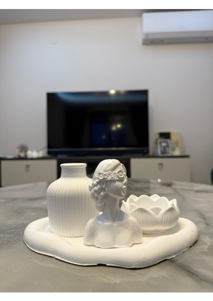 Taş Tozu Vazo Lotus Mumluk Dekoratif/Aksesuar Set