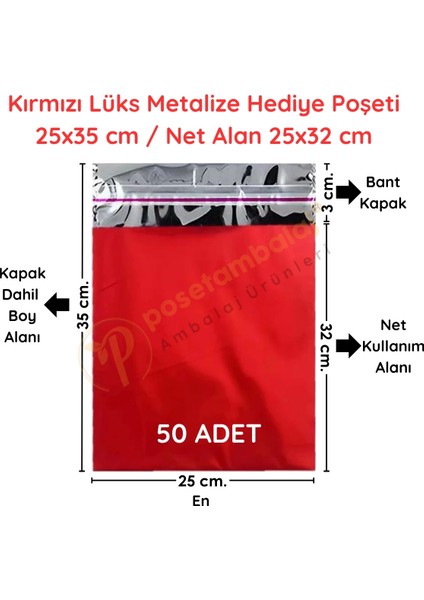 25X35 cm Kırmızı Renk Bantlı Lüks Metalize Hediyelik Poşet (50 Adet)