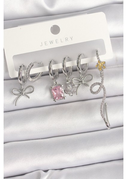 Pirinç Gümüş Renk Sallantı Kurdele Kuyruklu Yıldız Figür Pembe Kare Zirkon Taş Detay Kadın Küpe Seti