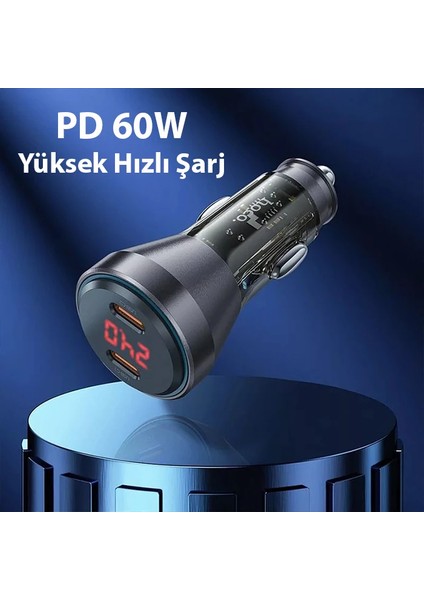 Hoco NZ12C Graceful PD60W 2 Type-C Girişli Araç Çakmaklık Hızlı Şarj Aleti + - CHT5569-2090 fırsatları