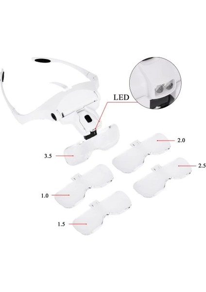 5 Lens 1.0x3.5x 2led Işıklı ile Ayarlanabilir Gözlük BÜYÜTEÇ9892B2 - CHT6382-3005 modelleri