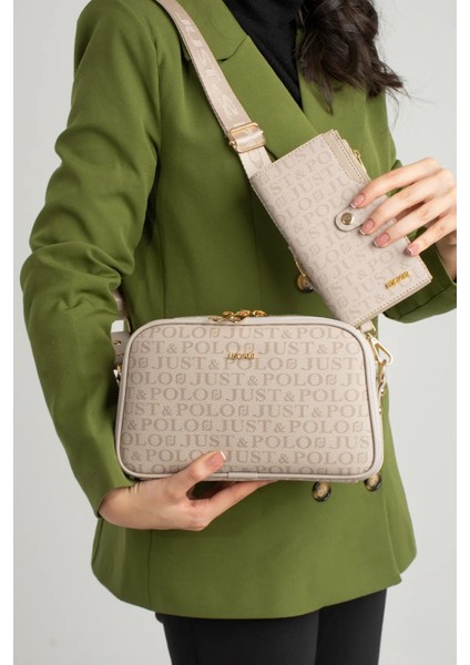 Kadın Orta Boy Baskılı Şık Omuz Çantası ve Cüzdanı Kombin Shopper K232053MH