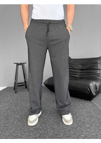 Su Yolu Çizgili Cepli Pantalon - Siyah