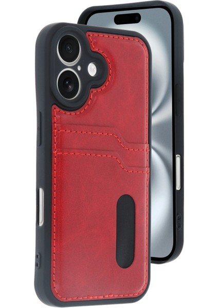 Iphone 16 Kılıf Sara Kartvizitli Deri Kılıf - Kırmızı Arbkd