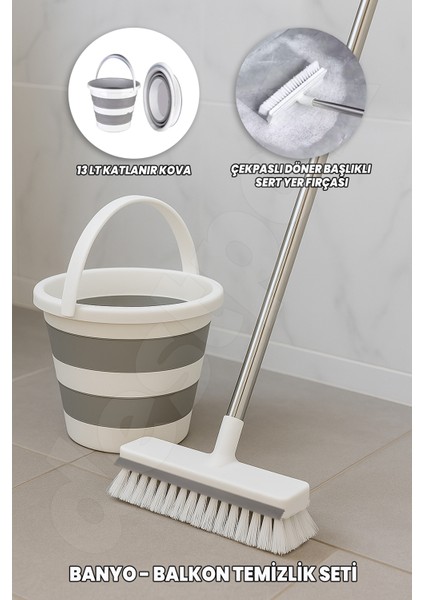 Banyo Balkon Temizlik Seti - 13 Lt Katlanır Temizlik Kovası - Çekpaslı Döner Başlıklı Sert Fırça