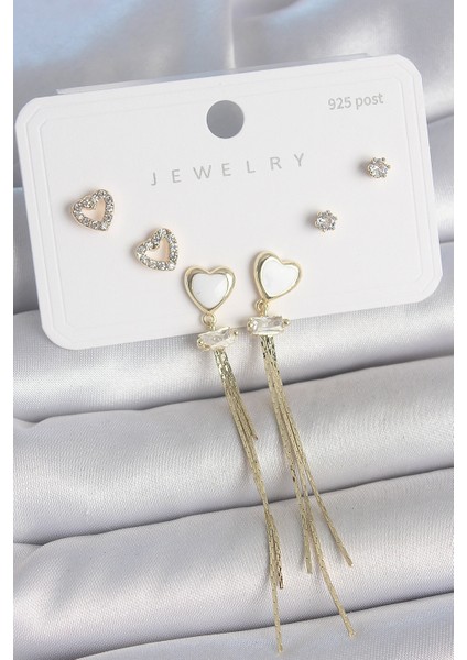 Pirinç Gold Renk Beyaz Mineli Sallantı Mineli Kalp Model Zirkon Taş Detaylı 925 Ayar Gümüş Çivi Kadın Küpe Seti