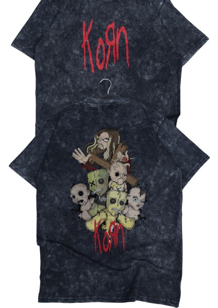 Unisex The Korn Sırt Baskılı Yıkamalı Tişört, Oversize Rock-Metal Baskılı Vintage T-Shirt