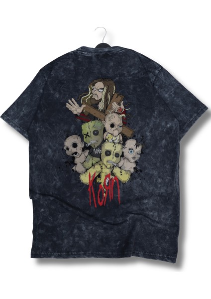 Unisex The Korn Sırt Baskılı Yıkamalı Tişört, Oversize Rock-Metal Baskılı Vintage T-Shirt modelleri