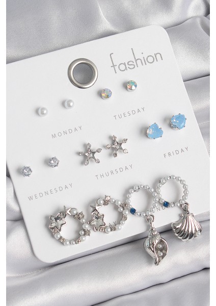 Pirinç Gümüş Renk Incli Zirkon Taşlı Halka Figür Yıldız Detay 7 Çift Kadın Küpe Seti