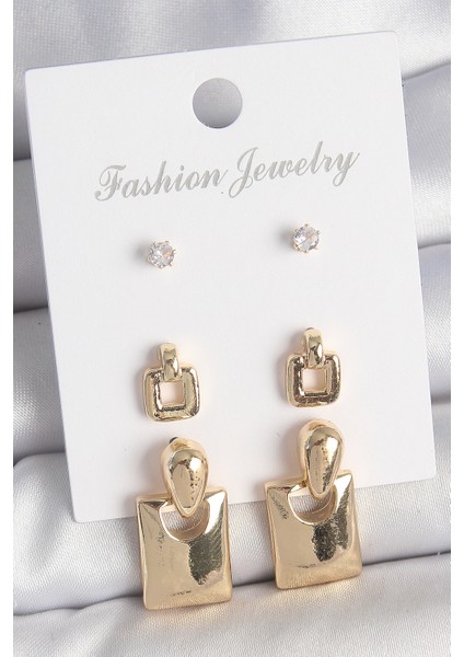Pirinç Gold Renk Zirkon Taşlı Sallantılı Kare Model 3 Çift Kadın Küpe Seti
