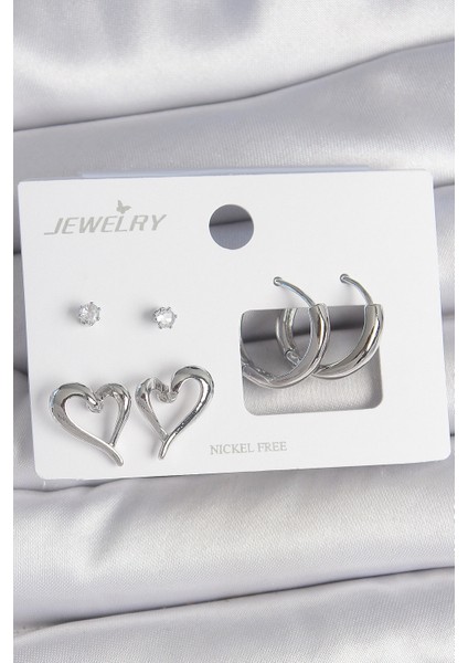 Pirinç Gümüş Renk Zirkon Taşlı Halka Model Kalp Detay 3 Çift Kadın Küpe Seti