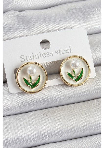 Pirinç Beyaz Mineli Lale Figürlü Sanatsal Portre Model Gold Renk Kadın Küpe