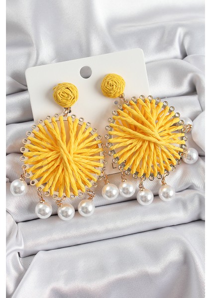 Sarı Hasır Örgü Sarmal Model Sallantılı Inci Detaylı Gold Renk Kadın Küpe