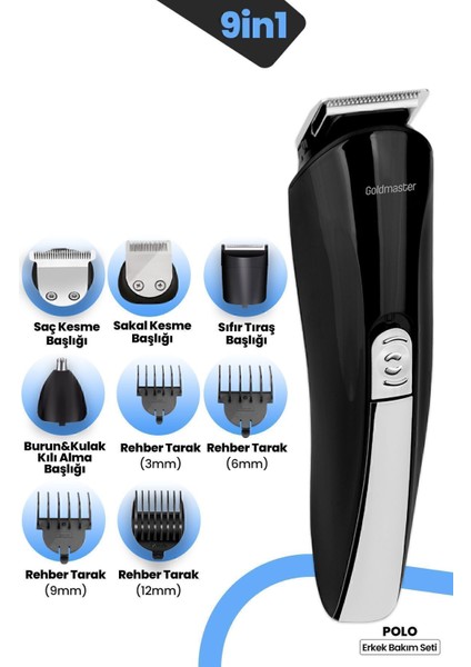 Paslanmaz Çelik 9'lu Erkek Bakım Seti Ayarlanabilir ve Standlı Beyaz