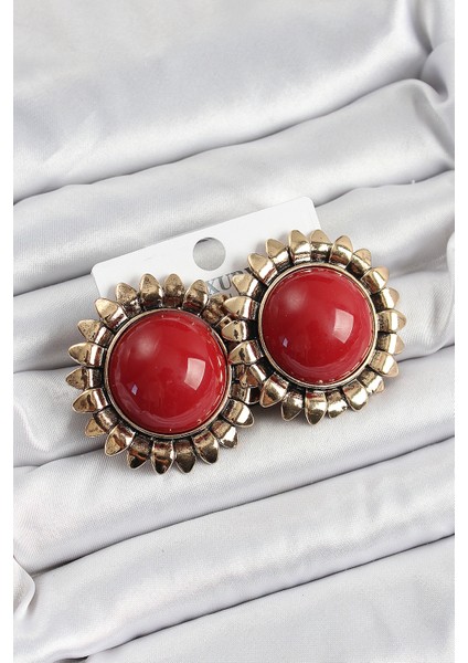 Pirinç Bordo Vintage Model Gold Renk Kadın Küpe
