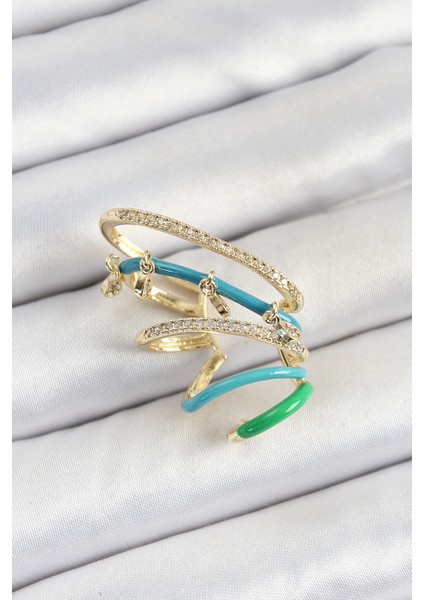 Pirinç Zirkon Taşlı Mavi Yeşil Sıkıştırma Sağ Kıkırdak Gold Renk Kadın Küpe