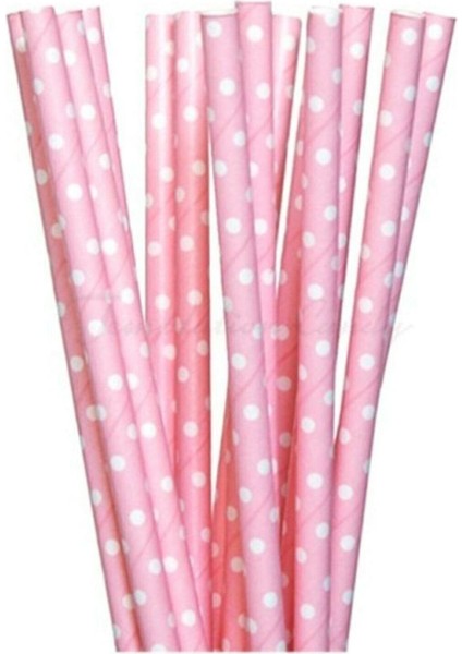 Beyaz ve Pembe Puantiyeli Kağıt Pipet, 25'li, 20 Cm, Şık ve Kullanışlı.