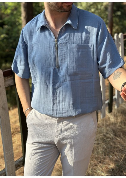 Kısa Kollu Tek Cepli Müslin Kumaş Gömlek