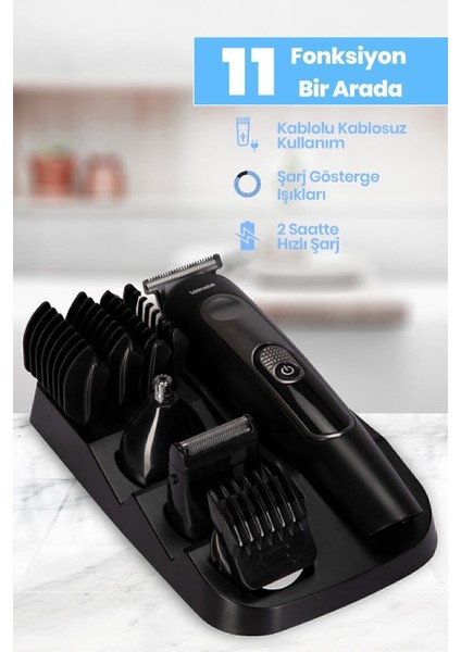 Çelik Bıçaklı Çok Fonksiyonlu Erkek Bakım Seti Hızlı Şarj Siyah