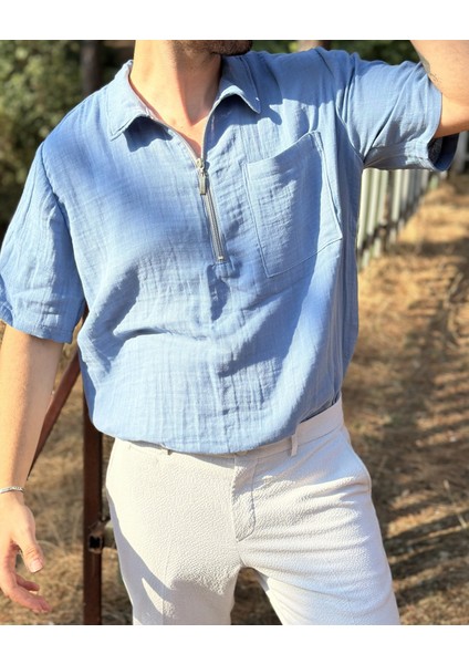 Kısa Kollu Tek Cepli Müslin Kumaş Gömlek fırsatları