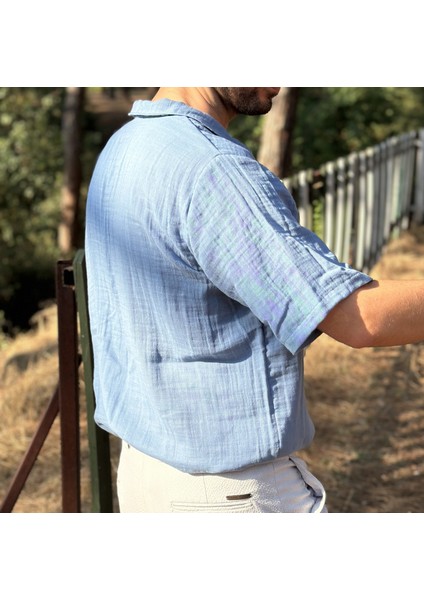 Kısa Kollu Tek Cepli Müslin Kumaş Gömlek