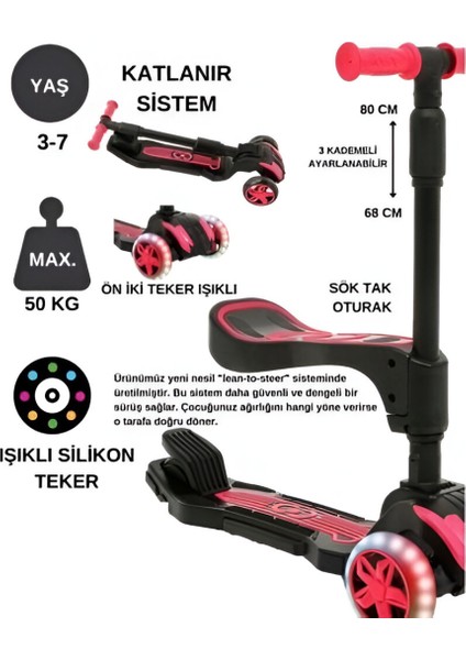 Oturaklı 3 Tekerlekli LED Işıklı, Katlanabilir Yükseklik Ayarlı Çocuk Combo Scooter
