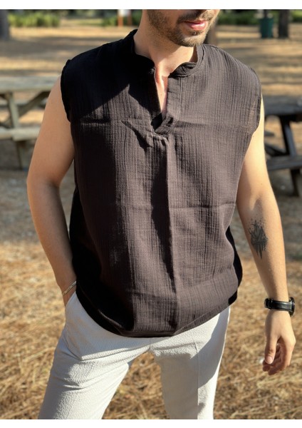 Sıfır Kol Hakim Yaka Müslin Kumaş Yazlık Erkek T-Shirt