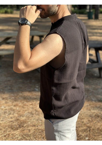 Sıfır Kol Hakim Yaka Müslin Kumaş Yazlık Erkek T-Shirt