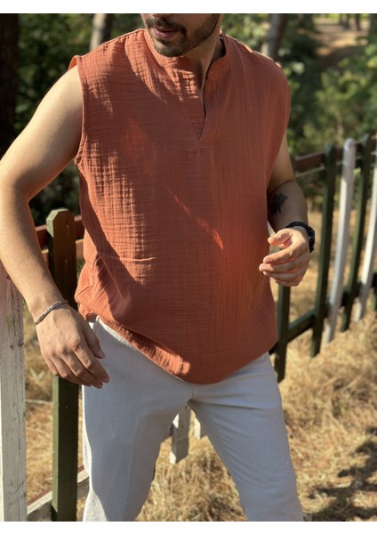 Sıfır Kol Hakim Yaka Müslin Kumaş Yazlık Erkek T-Shirt