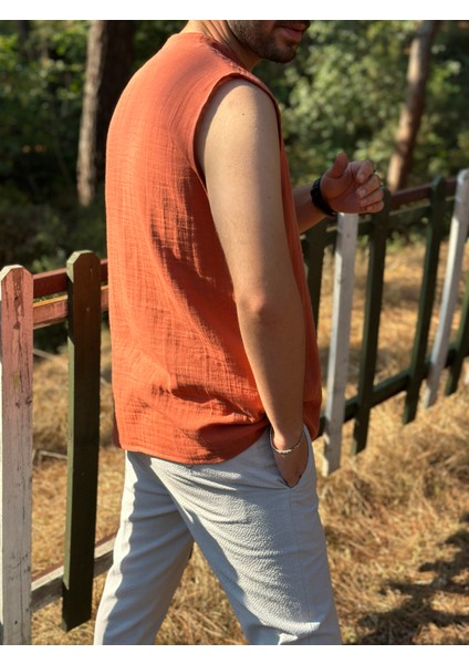 Sıfır Kol Hakim Yaka Müslin Kumaş Yazlık Erkek T-Shirt modelleri